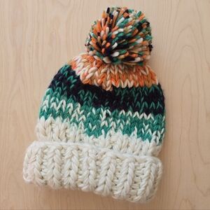 NWT Free People Womens OS Pom Pom Chunky Knit Beanie - Teal, Orange, Cream,Comfy